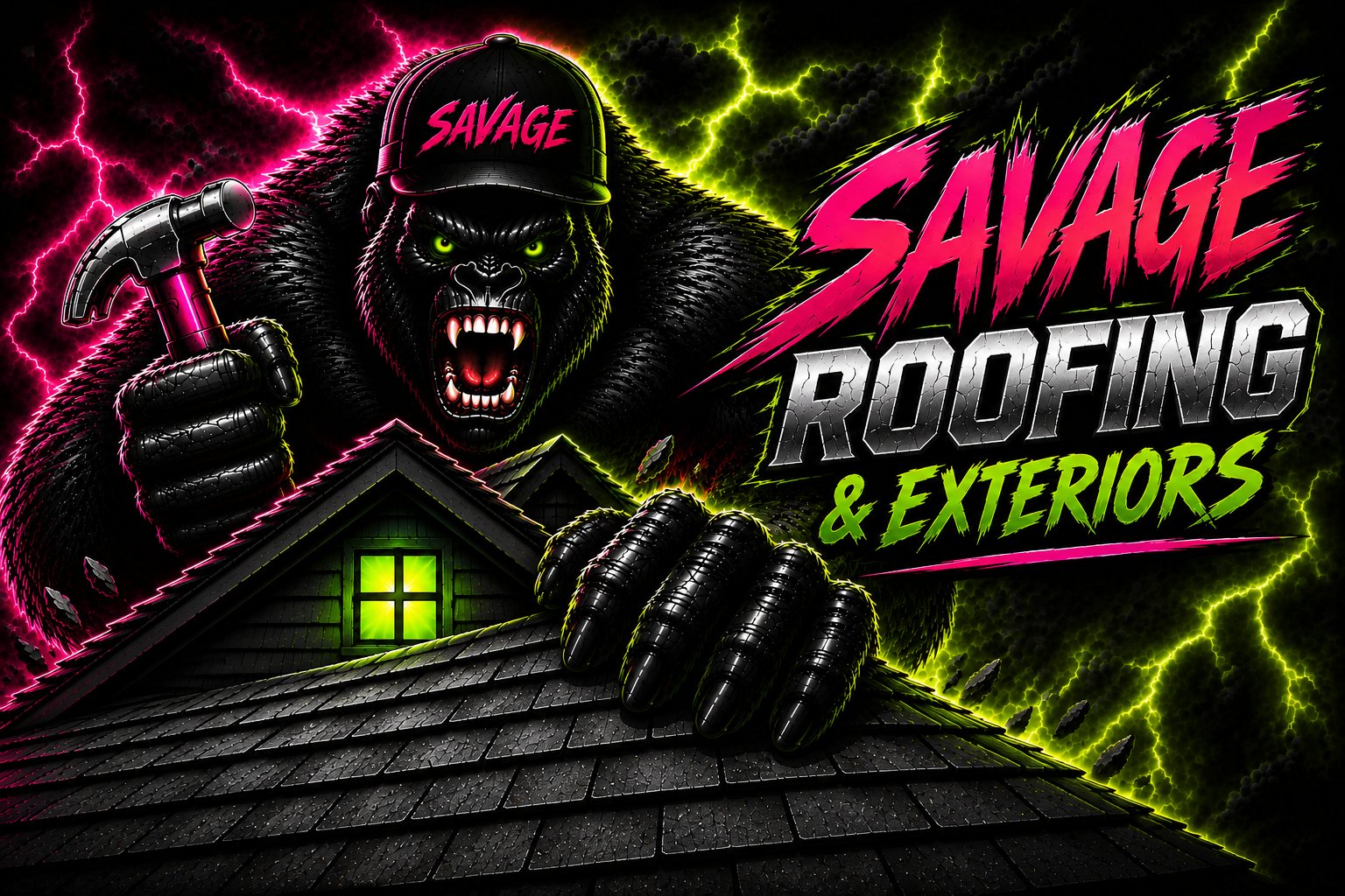 Savage Roofing and Exteriors gorilla mascot breaking through a rooftop in pink and neon green lightning